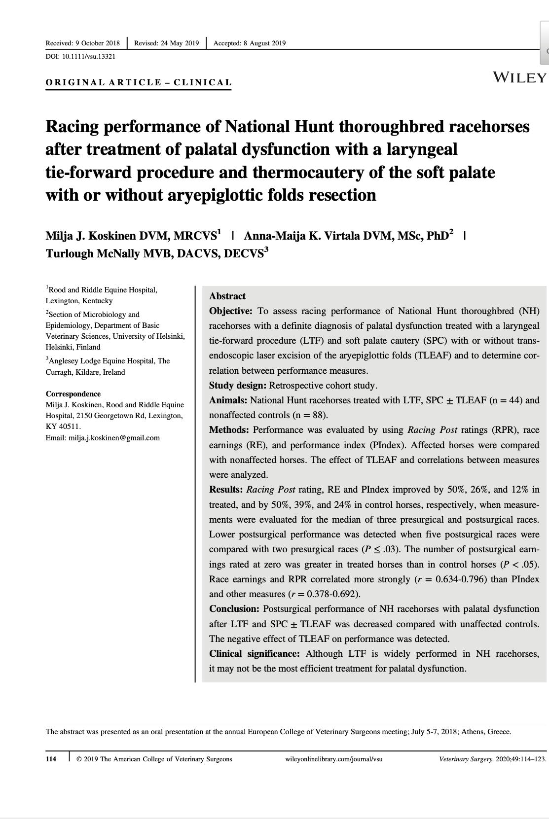Racing performance of National Hunt thoroughbred racehorses after treatment of palatal dysfunction preview Racing performance of National Hunt thoroughbred racehorses after treatment of palatal dysfunction preview