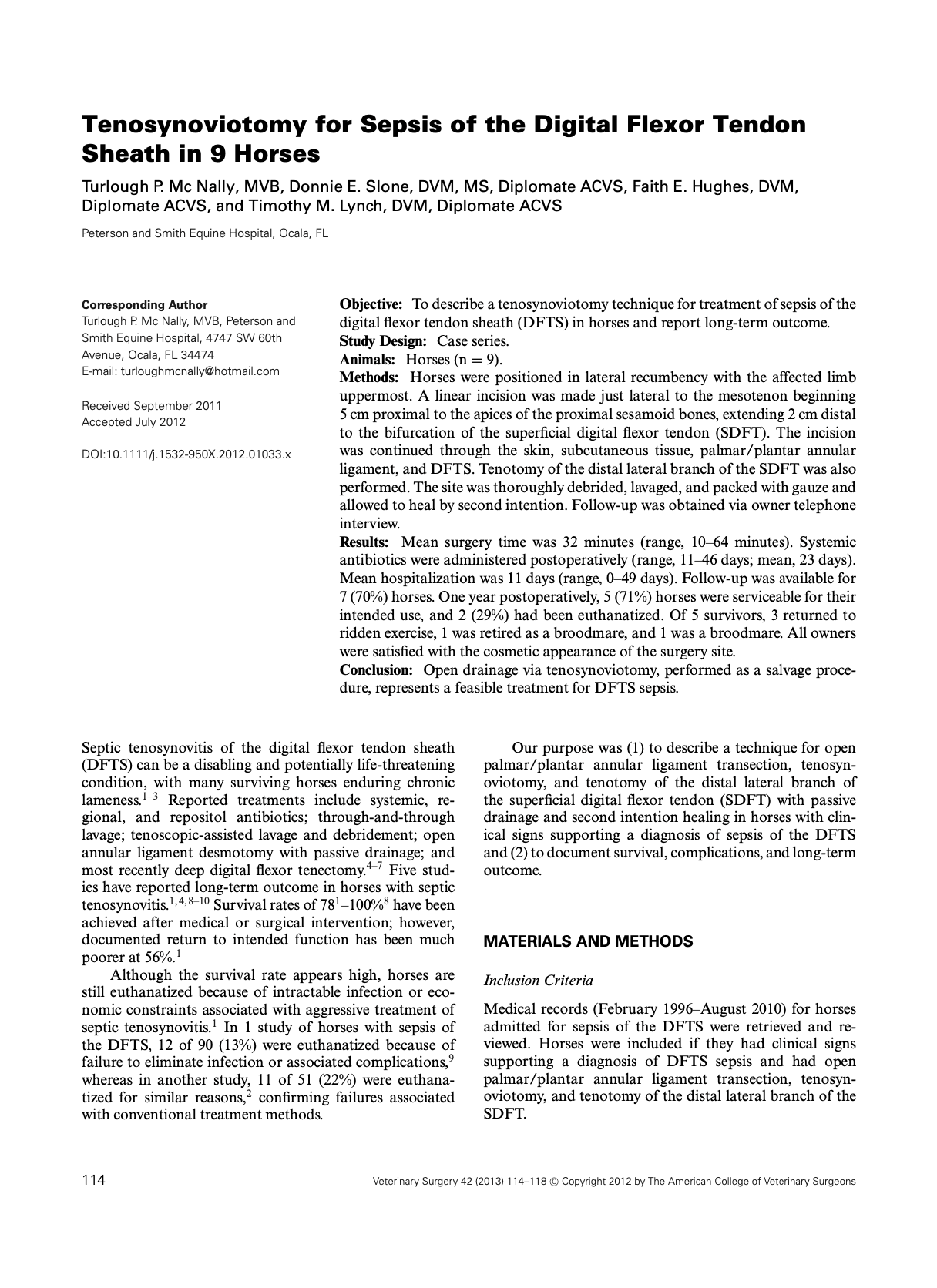 Tenosynoviotomy for Sepsis of the Digital Flexor Tendon Sheath in 9 Horses Tenosynoviotomy for Sepsis of the Digital Flexor Tendon Sheath in 9 Horses