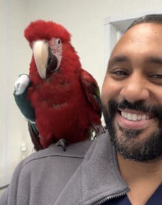 Bobby Ortiz and Princess the month old Scarlett Macaw